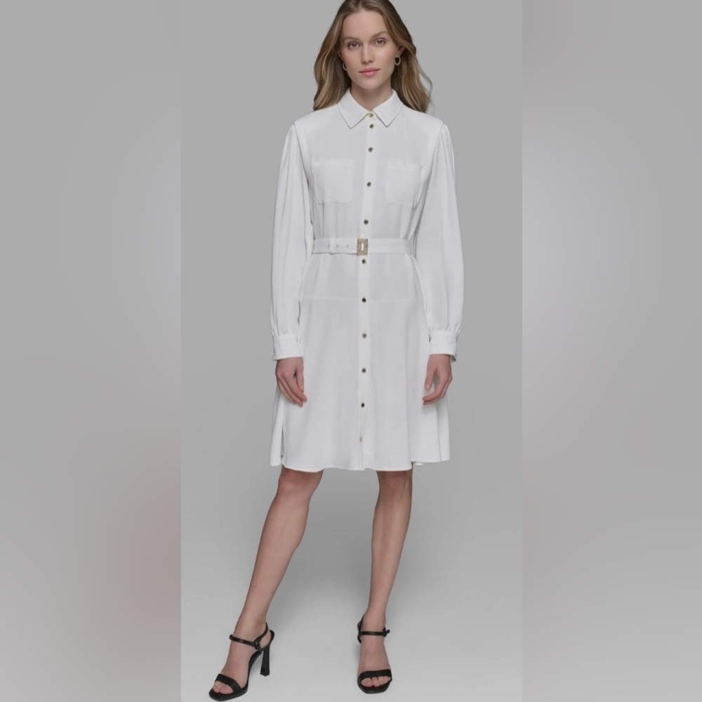 Karl Lagerfeld White Long Sleeve Button Up Shirt Dress